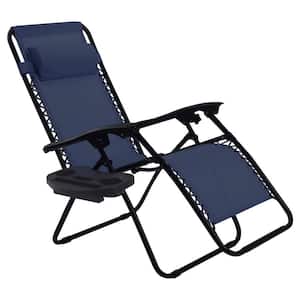 Black Folding Zero Gravity Chairs Metal Outdoor Lounge Chair in Blue Seat with Headrest (1-Pack)
