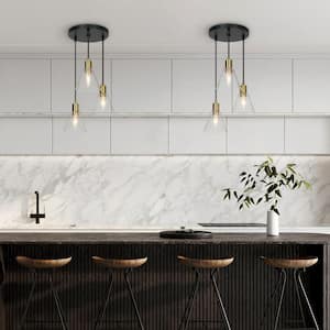 Transitional Kitchen Island Cluster Pendant Light 3-Light Black and Brass Pendant Light with Cone Clear Glass Shades