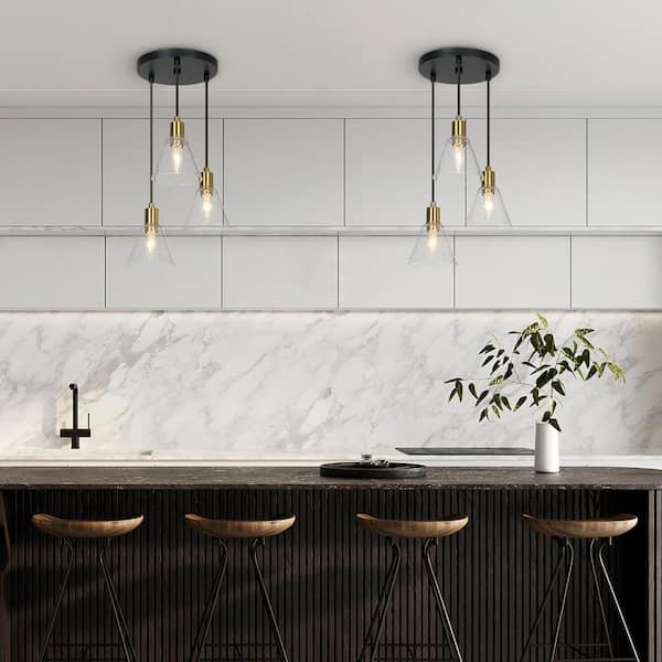 Transitional Kitchen Island Cluster Pendant Light 3-Light Black and Brass Pendant Light with Cone Clear Glass Shades