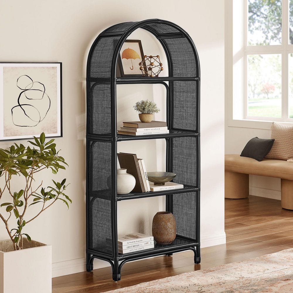 MODWAY Celeste 67 Inch Tall Wood Arched Natural Rattan Bookshelf