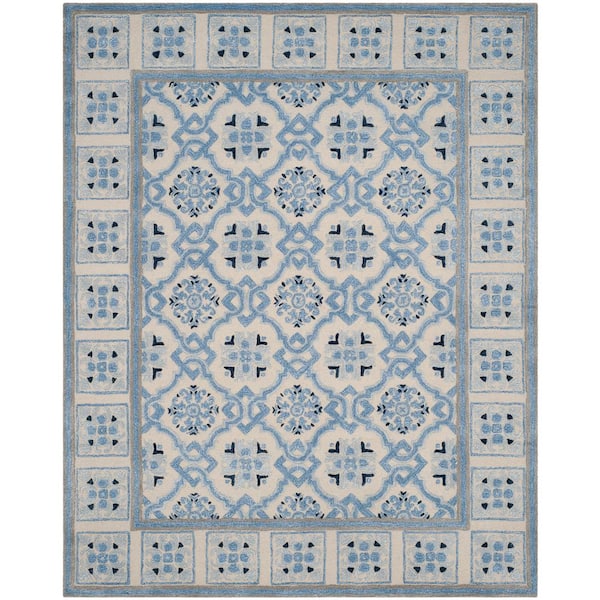 Bella 11 ft. x 15 ft. Ivory/Blue Border Diamond Area Rug