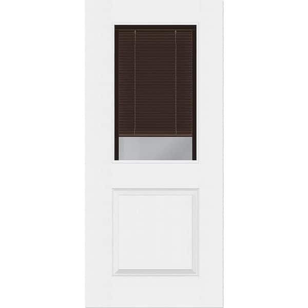 Steves & Sons Legacy 30 in. x 80 in. Universal Handing 1/2-Lite Clear Glass Mocha Miniblind White Finish Fiberglass Front Door Slab