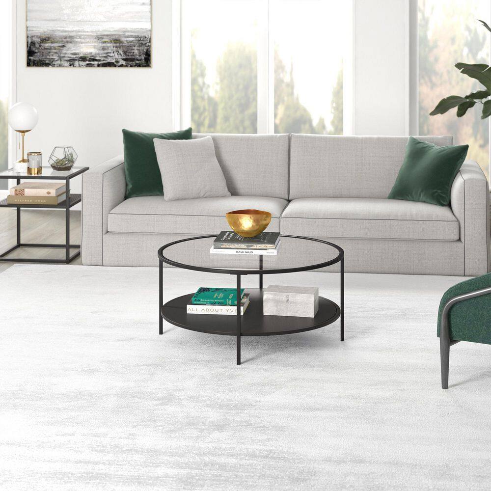 Blackened Bronze Round Coffee Table with Glass Top and Metal Shelf, 36"