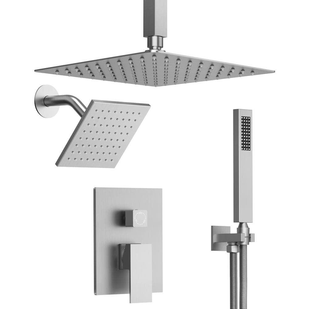 GRANDJOY Square Shower System 3-Spray 10 and 6 in. Dual Ceiling Mount ...