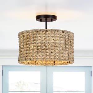 Elis 13.6 in. 2-Light Natural Rattan Semi-Flush Mount Ceiling Light with Black Canopy