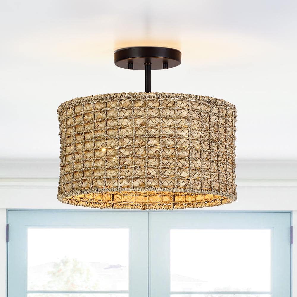 Vintage Bamboo Wicker store Chandelier Semi Flush Mount Lamp Ceiling Lights