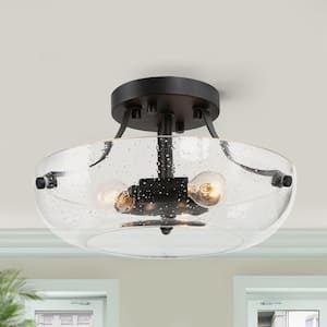 Modern Black Center Bowl Ceiling Light 3-Light Industrial Round Semi-Flush Mount Light with Seeded Glass Shade