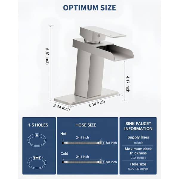 Single Handle Waterfall Spout Single Hole Bathroom Sink Faucet with Drain and Deckplate Included in Brushed Nickel
