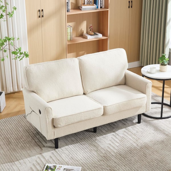 57 in. Mid Century Modern Boucle Loveseat Sofa with USB and Removable Pillow Cover in Beige