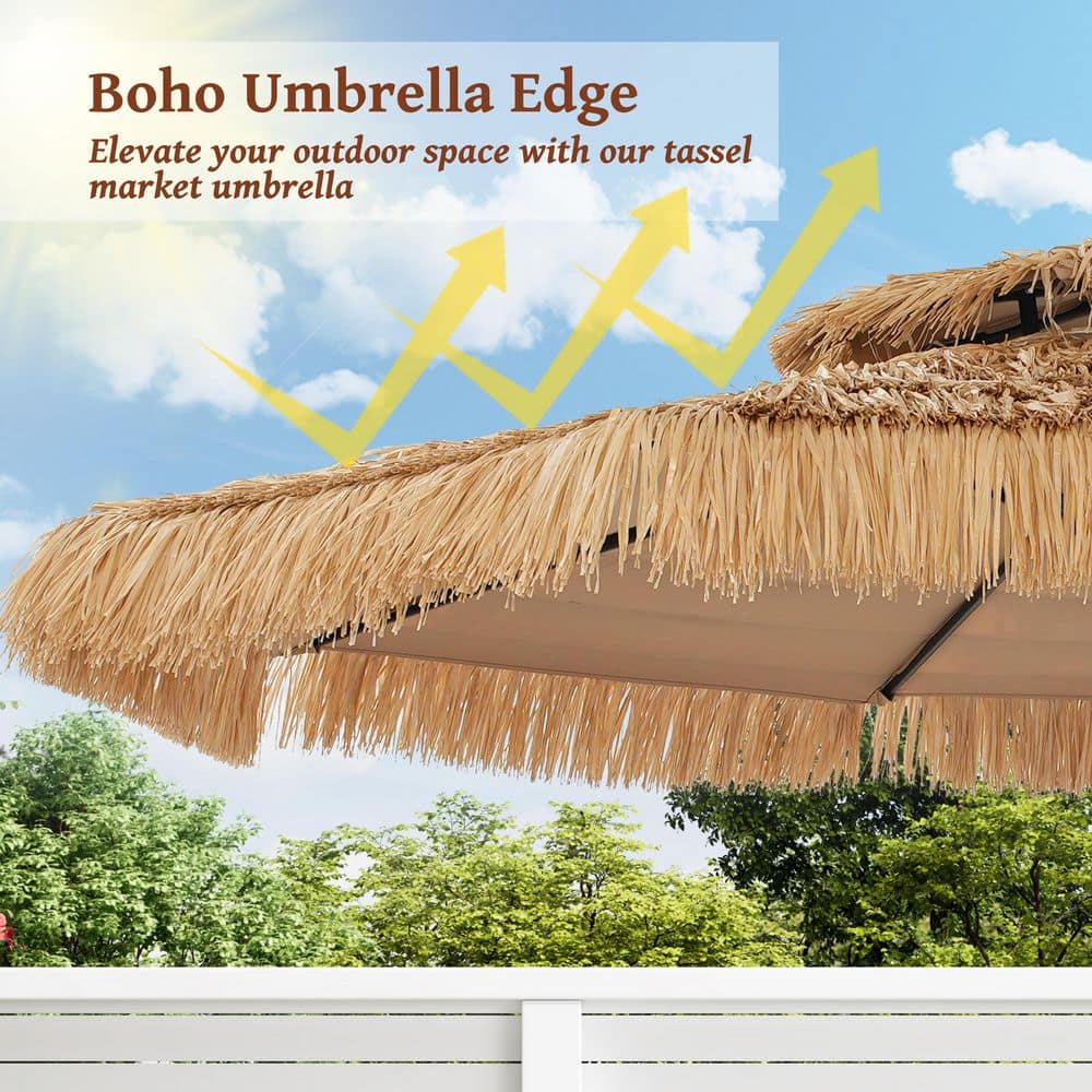 Natural 9 ft. Thatched Tiki Beach Umbrella with Black Steel Pole