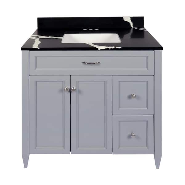 Amluxx Verona 37 in. W x 22 in. D Bath Vanity in Grey with Quartz Stone Vanity Top in Calacatta Black with White Basin
