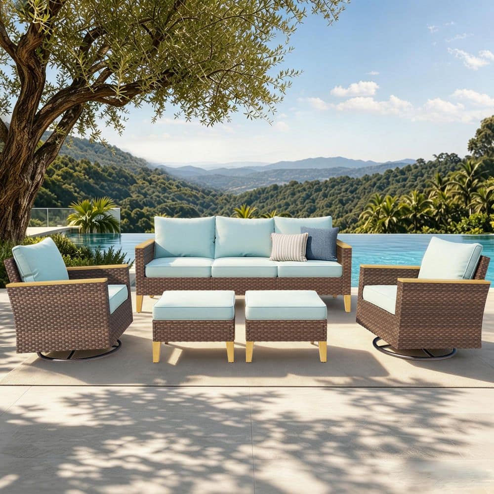 Brown Wicker Rattan 7 Seat 7-Piece Steel Outdoor Patio Sectional Set with Blue Cushions, 2 Swivel Sofas and 2 Ottomans price history on PriceWatchPro