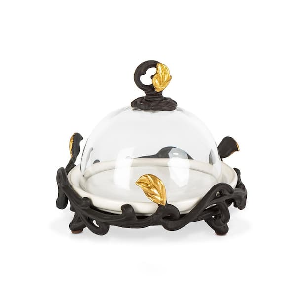 GG COLLECTION Gold Leaf 4 oz. White Stoneware and Glass Butter Dish (Set of 1)