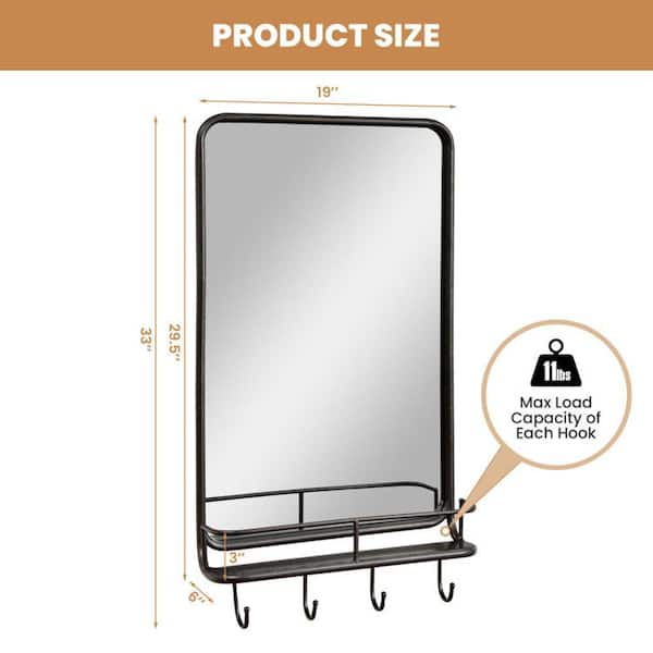 19 in. W x 33 in. H Framed Modern Black Wall Bathroom Mirror with Shelf Hooks