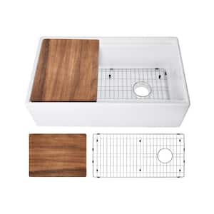 Fireclay 33 in. Single Bowl Farmhouse Apron Front Reversible Kitchen Sink in White with Cutting Board and Grid