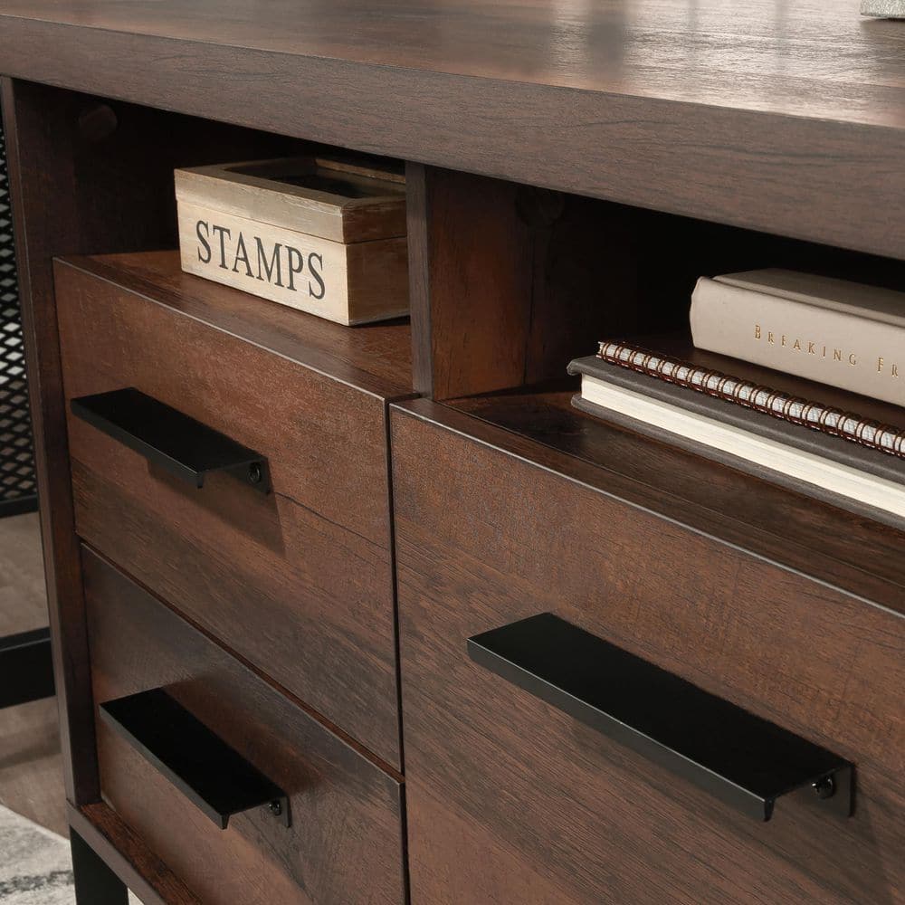Brown Wood L-Shaped Corner Desk with Drawer and Filing Cabinet