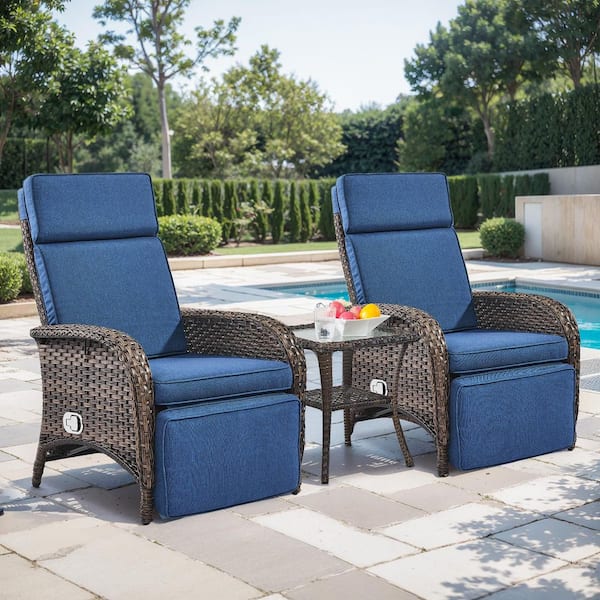 Sleek Arm Brown 3-Piece Wicker Outdoor Recliner with Olefin Blue Cushions and Flat Armrests Patio Chaise Lounge Chairs