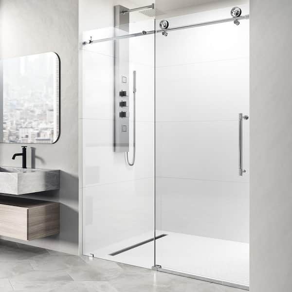 VIGO Elan Cass Aerodynamic 68 to 72 in. W x 76 in. H Sliding Frameless Shower Door in Chrome with 3/8 in. (10mm) Clear Glass