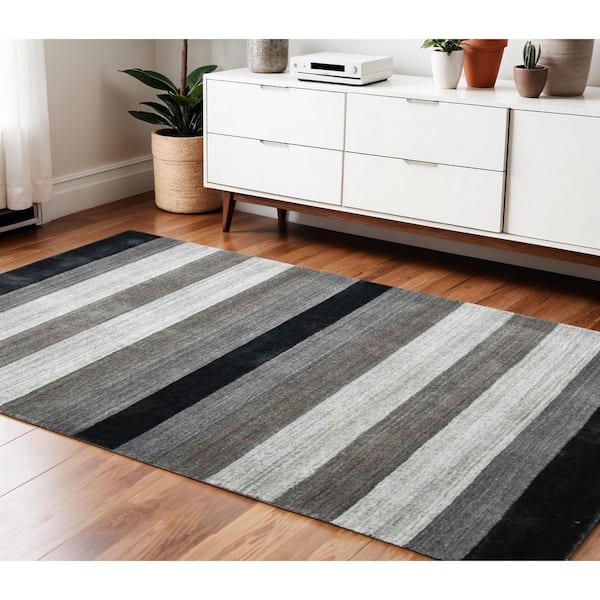 4 ft. x 6 ft. Black And Gray Wool Striped Hand Woven Area Rug