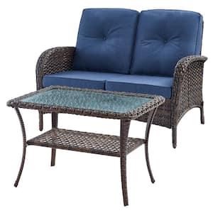 2-Piece Brown Wicker Outdoor Loveseat Set Patio Rattan Loveseat with Blue Cushions and Coffee Table