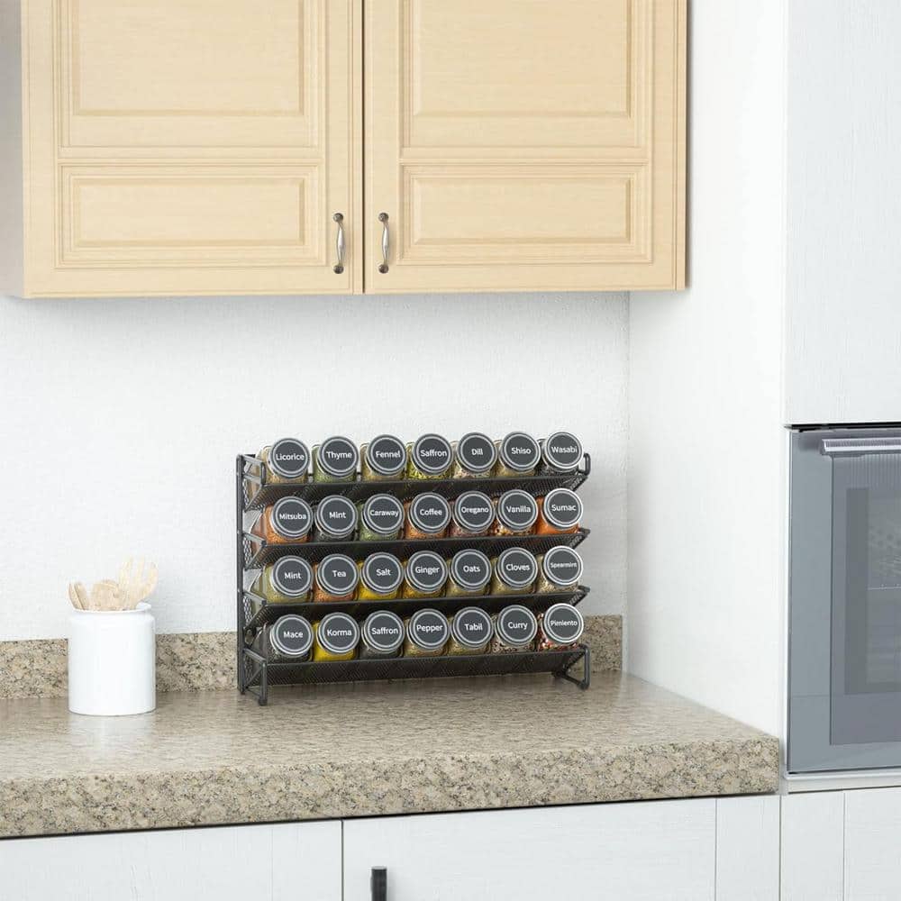 4 Shelf Black Wall-Mount Spice Rack Organizer-28 Jars, 13.4 in. W x 10.8 in