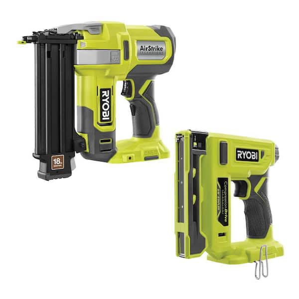 RYOBI ONE+ 18V 18-Gauge Cordless AirStrike Brad Nailer with Cordless Compression Drive 3/8 in. Crown Stapler (Tools Only)