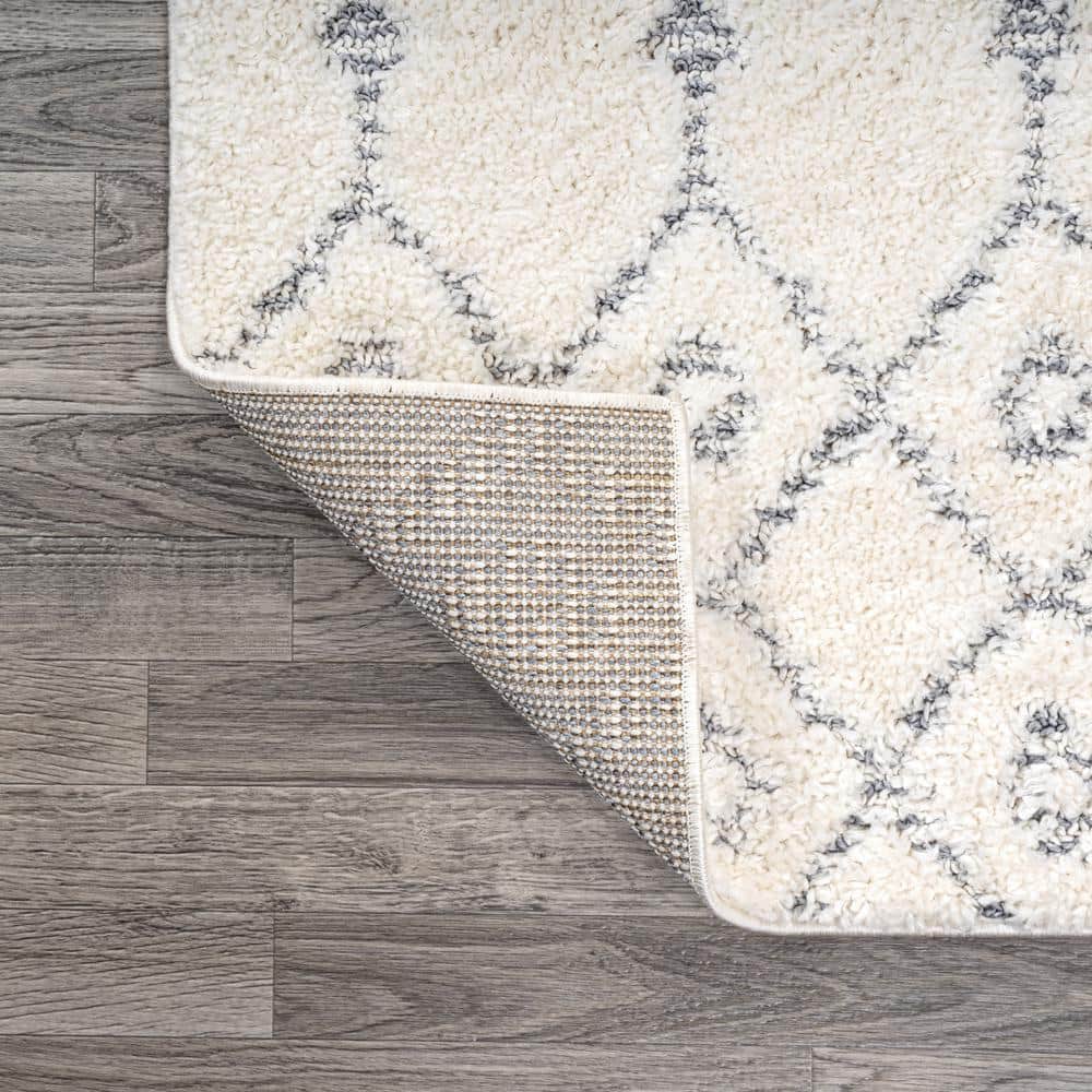 Cream and Gray Moroccan Trellis Shag Area Rug