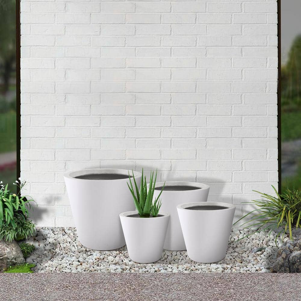 Set of 4 Pure White Lightweight Concrete Cylindrical Planters