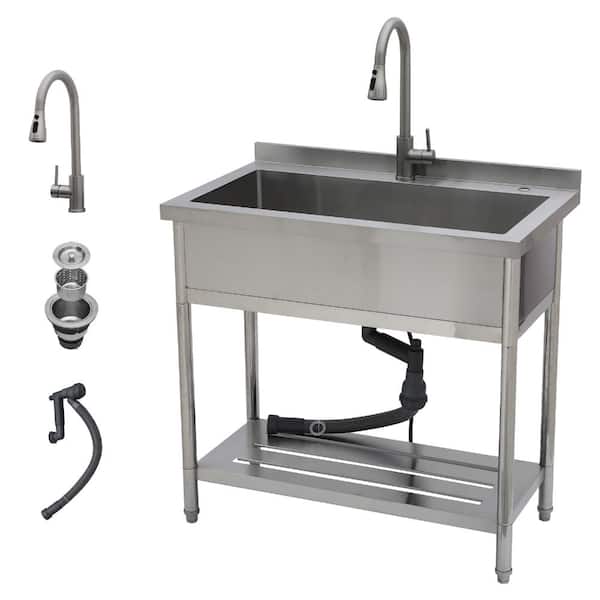 36 in. W x 21 in. D Stainless Steel 1-Compartment Freestanding Commercial Sink with Faucet for Kitchen and Laundry Room
