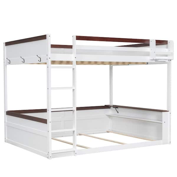 White Queen Size Wooden Bunk Bed with Built-in Shelves, Storage Box and USB Charging Station