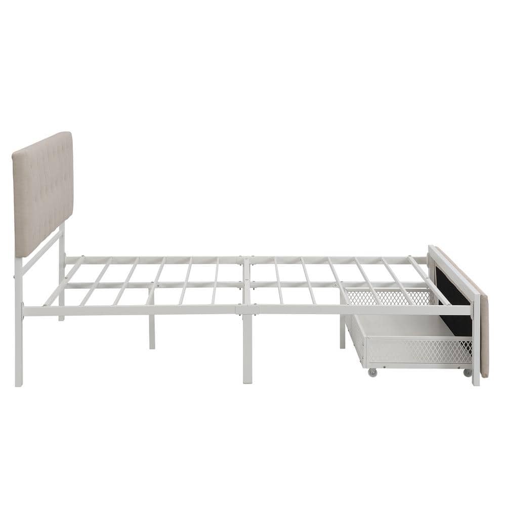 ANBAZAR Full Size Beige Metal Kid Platform Bed Frame with One Big Drawer and Upholstered Headboard 00489ANNA - The Home Depot ANBAZAR Full Size Beige Metal Kid Platform Bed Frame with One Big Drawer and Upholstered Headboard 00489ANNA - The Home Depot