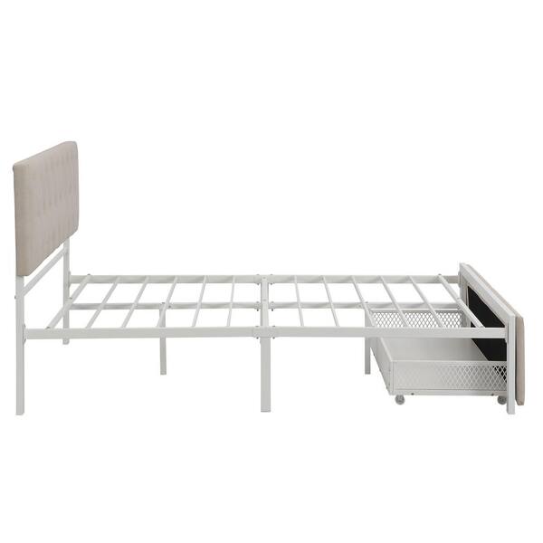 ANBAZAR Full Size Beige Metal Kid Platform Bed Frame with One Big Drawer and Upholstered Headboard