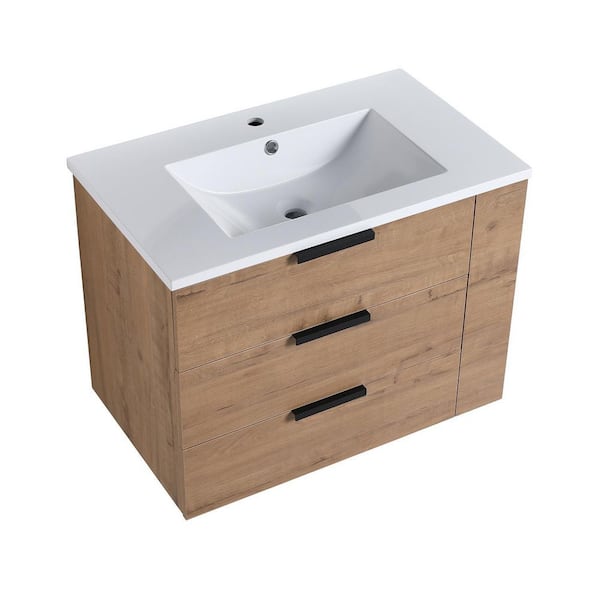 INSTER 30 in. W x 18.3 in. D x 22.4 in. H Bathroom Vanity in Brown with Glossy White Resin Basin Top (Right Shelves)