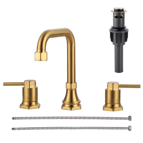 Double Handle 8 in. Widespread Bathroom Faucet, 3 Hole Bathroom Sink Faucet with Pop-Up Drain Kit in Brushed Gold