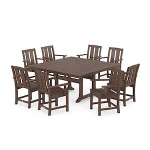 Mission 9-Piece Farmhouse Trestle Plastic Square Outdoor Dining Set in Mahogany