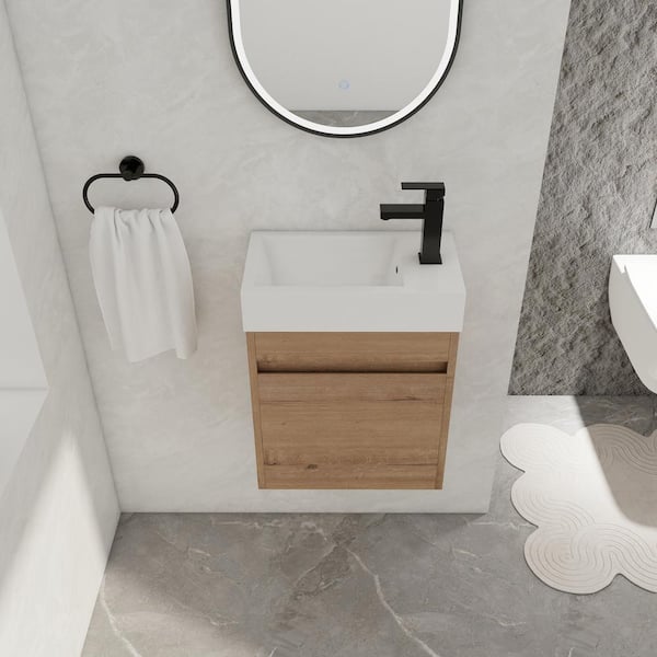 18.11 in. W x 10.23 in. D x 22.83 in. H Plywood Wall-mounted Bath Vanity in Imitative Oak with White Resin Top