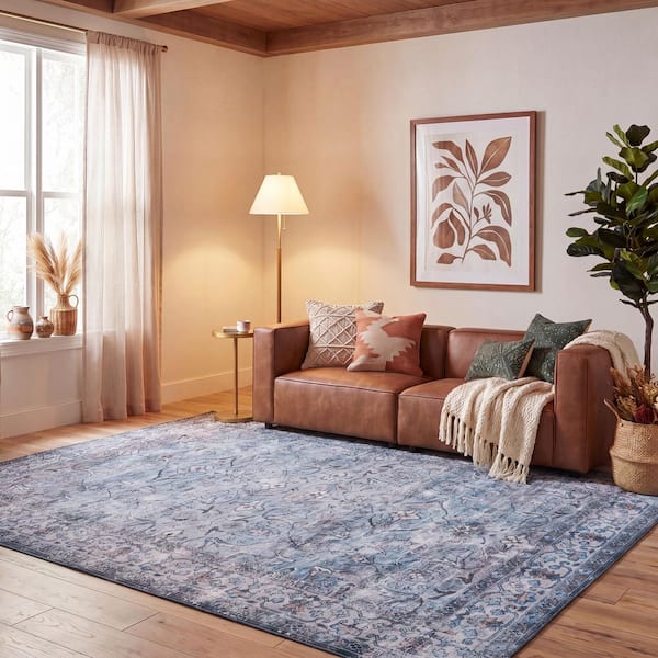 Tucson 10 ft. x 14 ft. Aqua/Pink Ornate Distressed Washable Area Rug