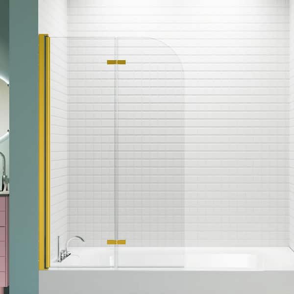 34 in. W x 58 in. H Frameless Pivot Bi-Fold Tub Door in Brushed Gold with Clear Glass