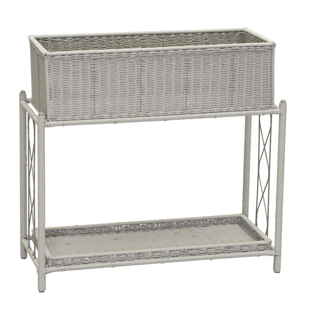 Household Essentials Raised Two Tier Plant Stand with Two Interchangeable Shelves  Gray Resin Woven Planter and Tray with Decorative Wire Frame  Great Indoors or Outdoors for Plants or Other Storage