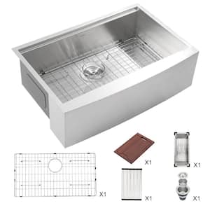 Stainless Steel 33 in. 16 Gauge Deep Single Bowl Ledge Workstation Farmhouse Apron Front Kitchen Sink with Accessories
