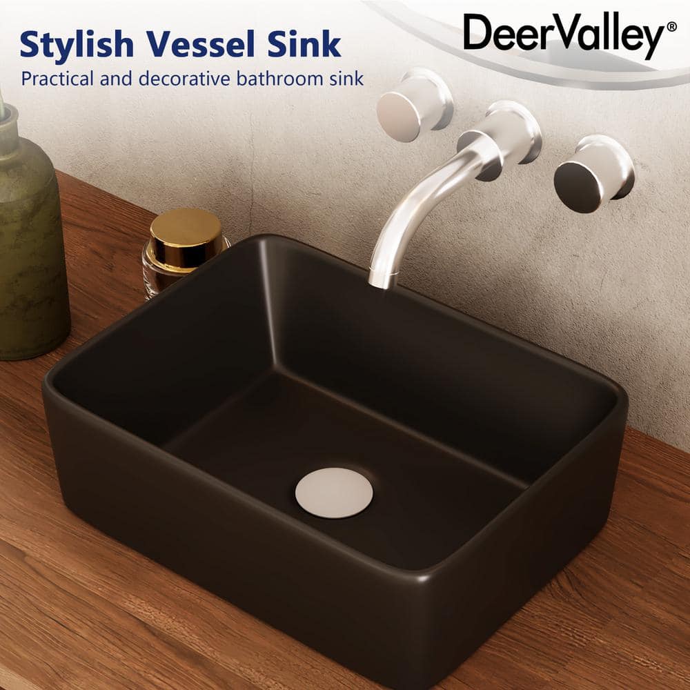 Black Ceramic Rectangular Vessel Bathroom Sink, 16'' x 12''