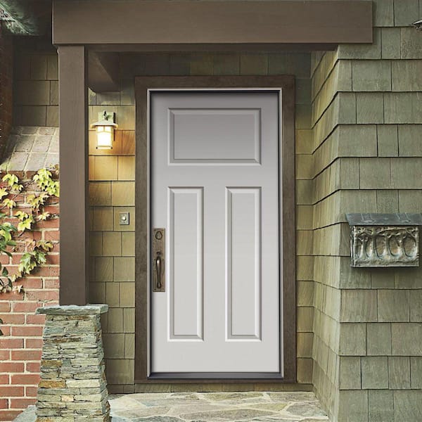 36 in. x 80 in. 3-Panel Craftsman Primed Right-Hand Inswing Steel Prehung Front Door w/Brickmould