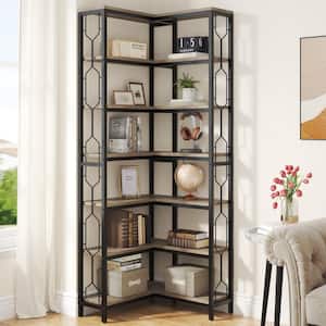 Frailey 79 in. Tall Gray Wood 7-Shelf Corner Etagere Bookcase