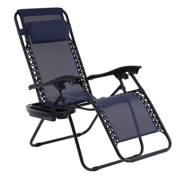 Navy Adjustable Backrest Fabric Outdoor Lounge Chair in Black-2 Frame ...