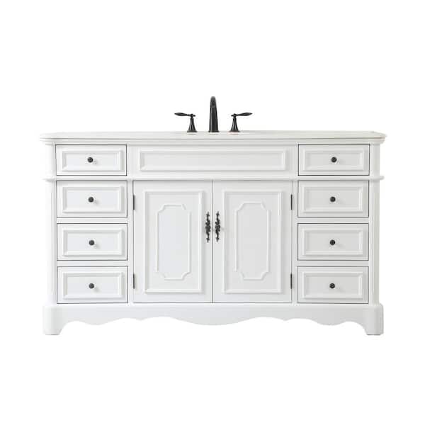 Unbranded Simply Living 60 in. W x 21.5 in. D x 35 in. H Bath Vanity in Antique White with White Marble Top
