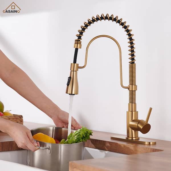 Single-Handle Pull Down Sprayer Kitchen Faucet with Advanced 3 Function Spray in Brushed Gold