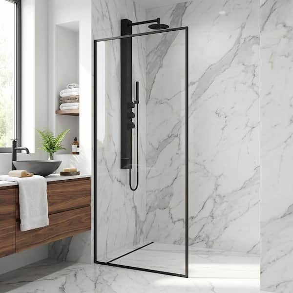 Meridian 34 in. W x 74 in. H Framed Fixed Shower Screen Door in Matte Black with 3/8 in. (10mm) Clear Tempered Glass