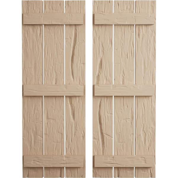 Ekena Millwork 17.5 in. x 86 in. Timberthane Polyurethane 3-Board Spaced Board-n-Batten Hand Hewn Faux Wood Shutters Pair