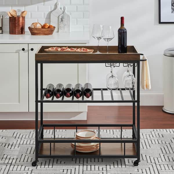 StyleWell Blake Industrial Black Metal Frame Rolling Kitchen Cart with Walnut Tray-Top and Tiered Storage Shelves (35" W)