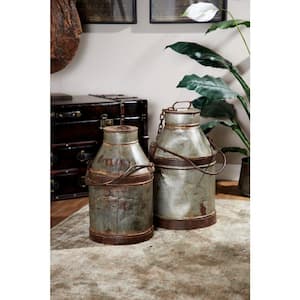 Large Antique Silver and Rusted Metal Milk Drum with Lid from India, 12.5 in. x 21.5 in.